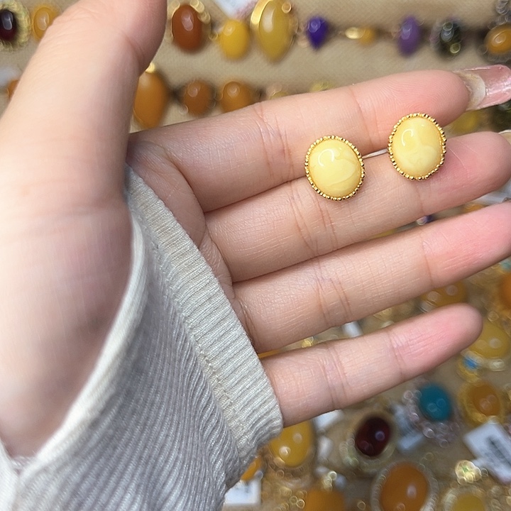 蜜蜡银S925镶嵌耳饰白蜜耳钉