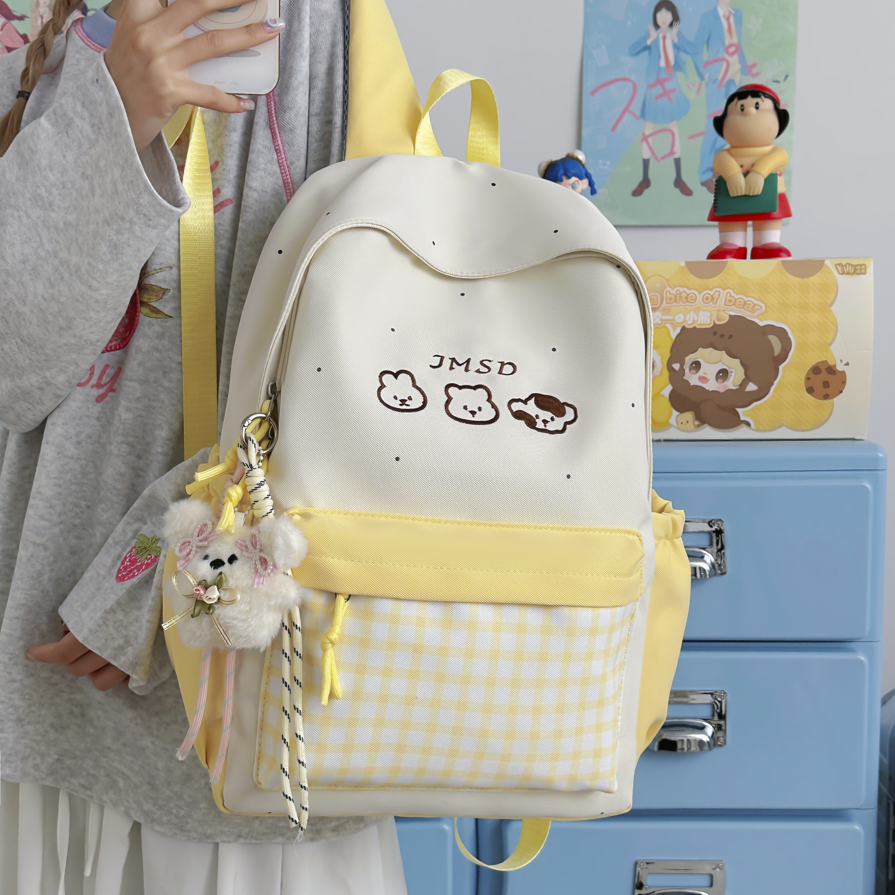 格子书包日系小清新双肩包百搭初中生大学生便携电脑包女撞色时尚