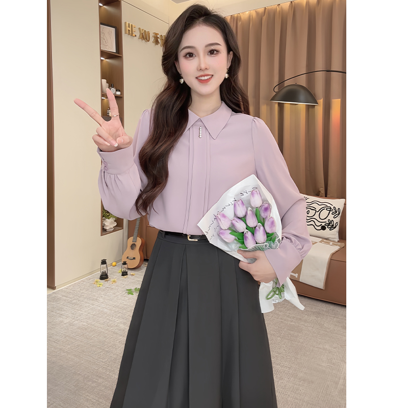 法式复古温婉风POLO领衬衫女2025春季新款长袖百搭设计感气质上衣