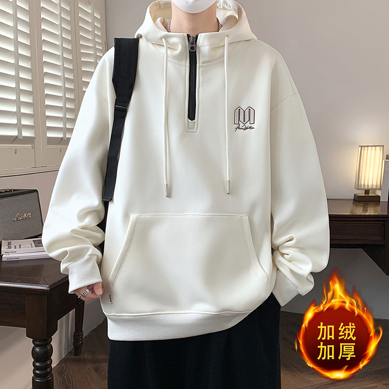 加绒加厚男士连帽卫衣青少年学院风百搭宽松潮流保暖学生打底上衣
