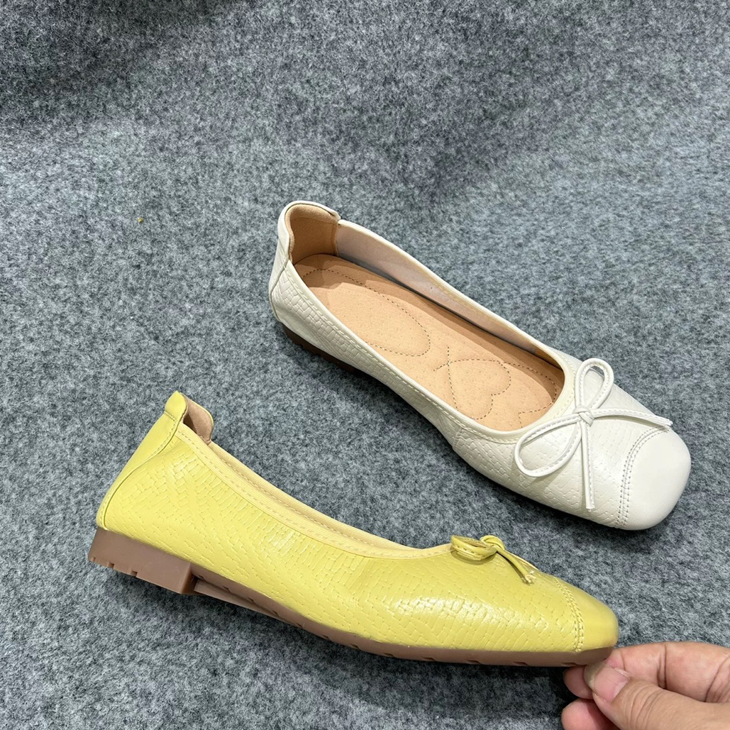 亮点女人2025新款大码40-43真皮蝴蝶结平底法式方头浅口单鞋女鞋