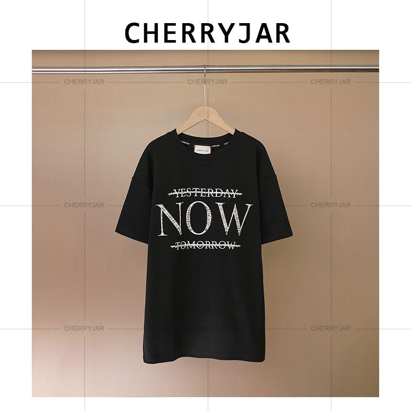 Cherryjar【251088】宽松圆领字母烫钻休闲简约纯色短袖百搭半袖