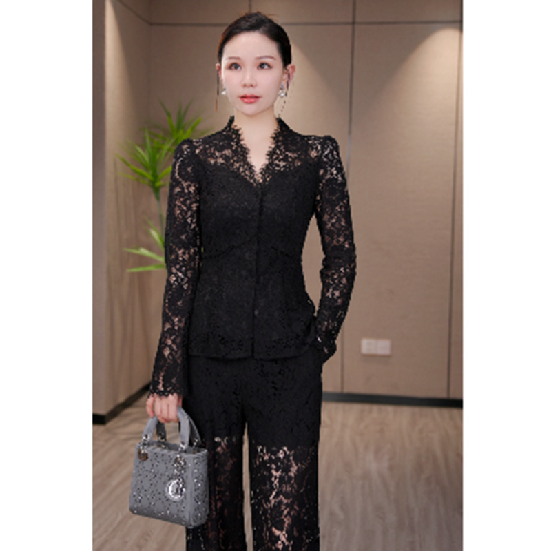 2025年春季黑色新款定制气质蕾丝显瘦衬衫长袖上衣女春秋