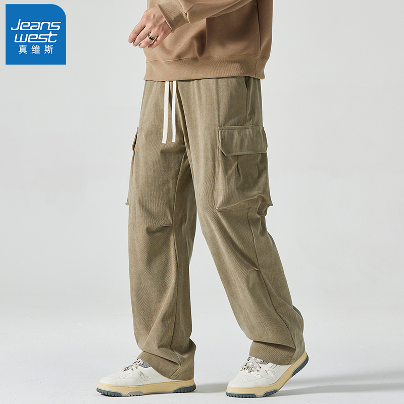 Jeanswest/真维斯美式工装裤男宽松直筒长裤灯芯绒多口袋休闲裤子