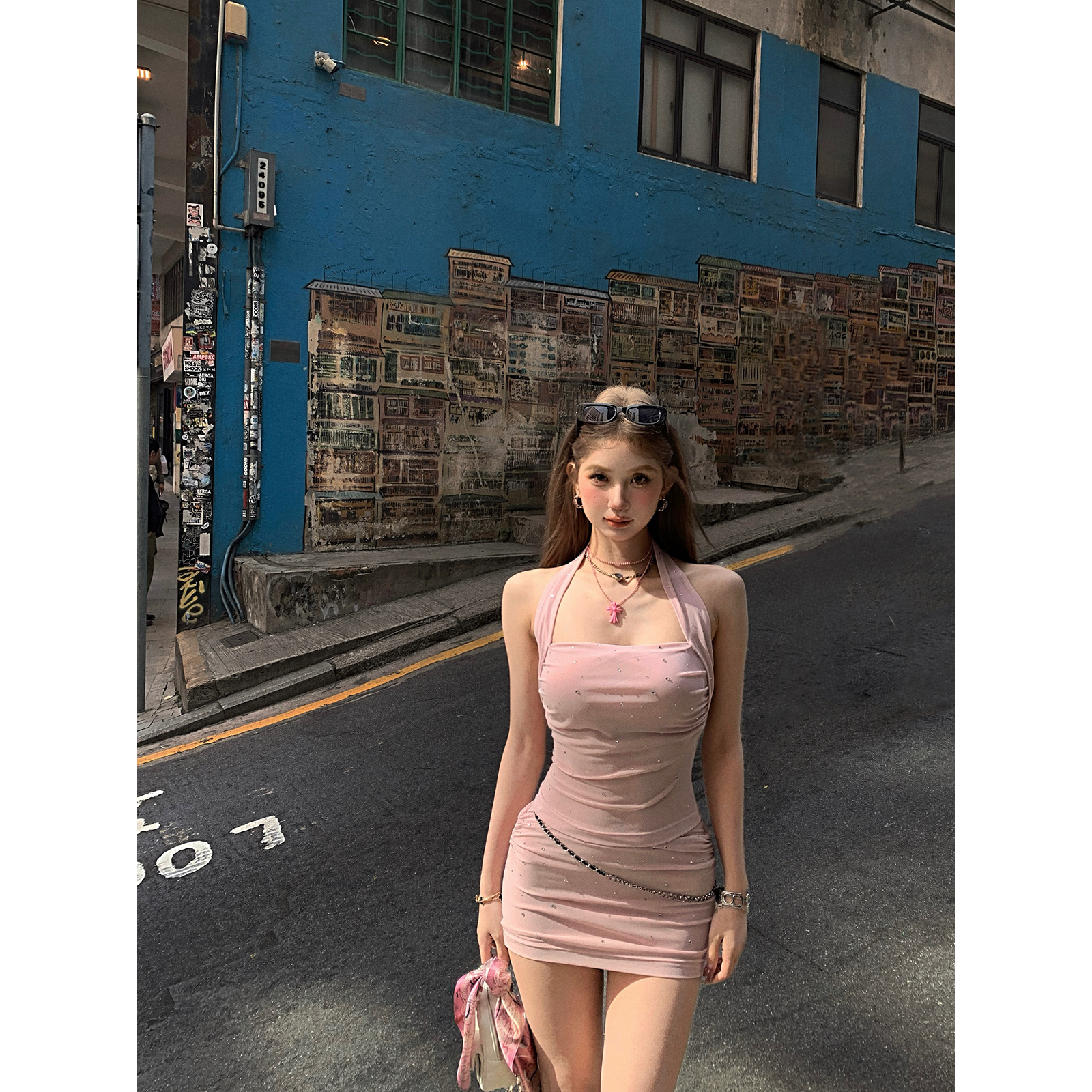 Tongiiuu 星漫银河 烫钻挂脖吊带背心带胸垫女显瘦a字长裙套装春