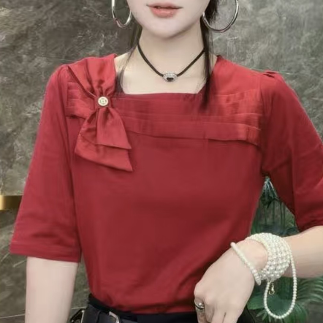 常规款撞色女蝴蝶结T恤夏季拼接洋气中袖上衣