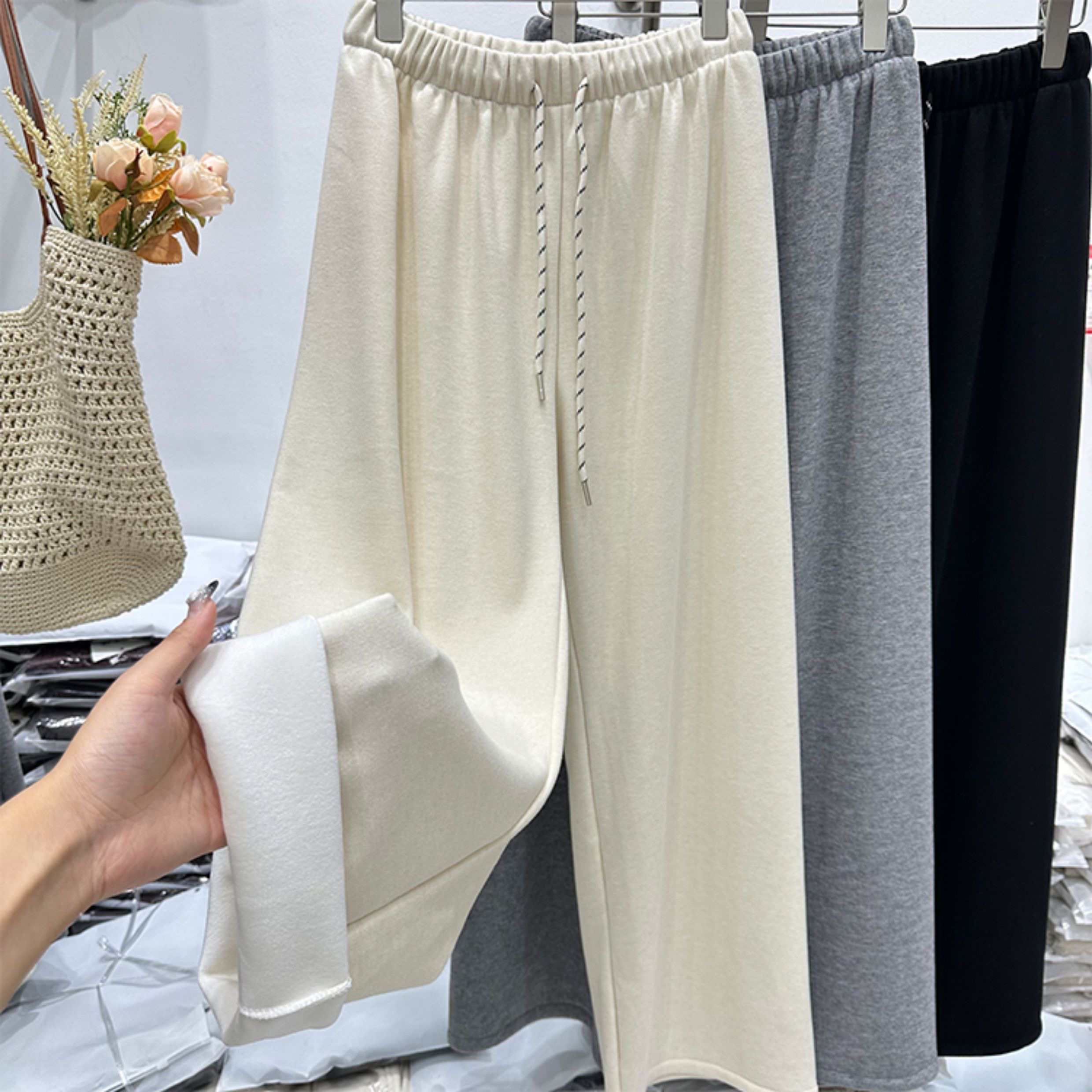 冬季加绒加厚高腰显瘦糯米阔腿女士休闲直筒裤