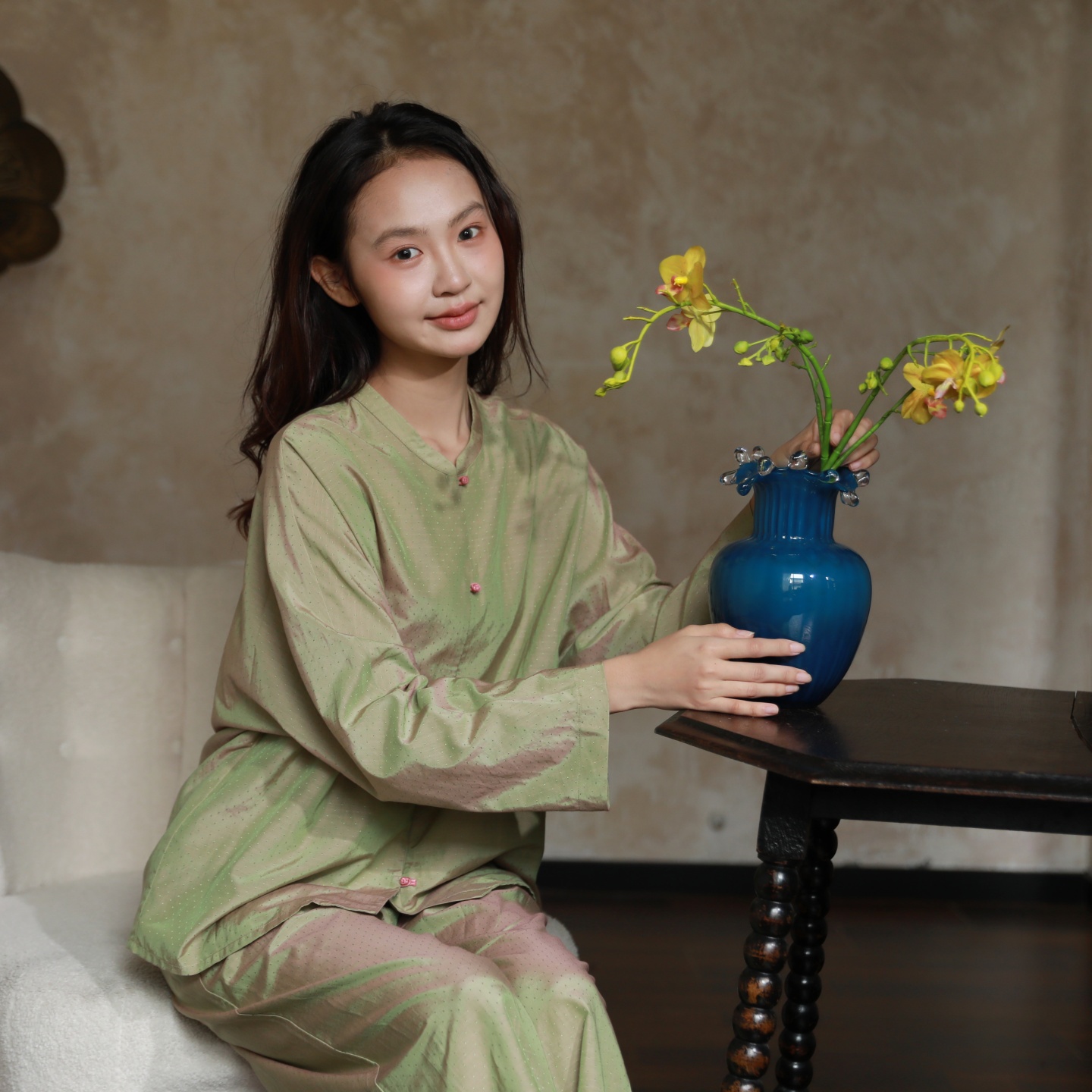 朵朵可可DW261CZ043睡衣女春夏丝棉新中式盘扣长袖家居服套装