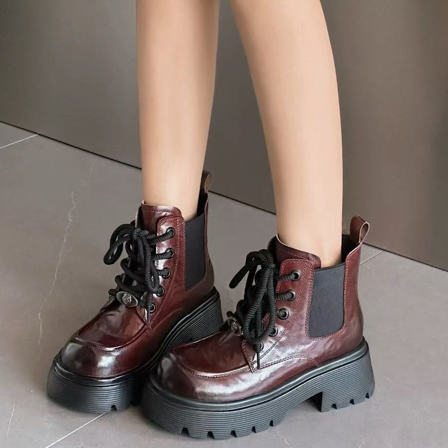 C1416 红棕 高端厚底圆头真皮短靴 马丁靴