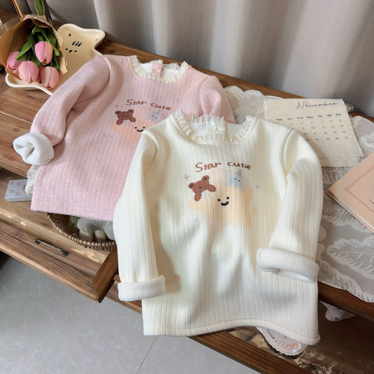 7seven 25冬 9203女童花边领加绒卡通打底衫内搭上衣