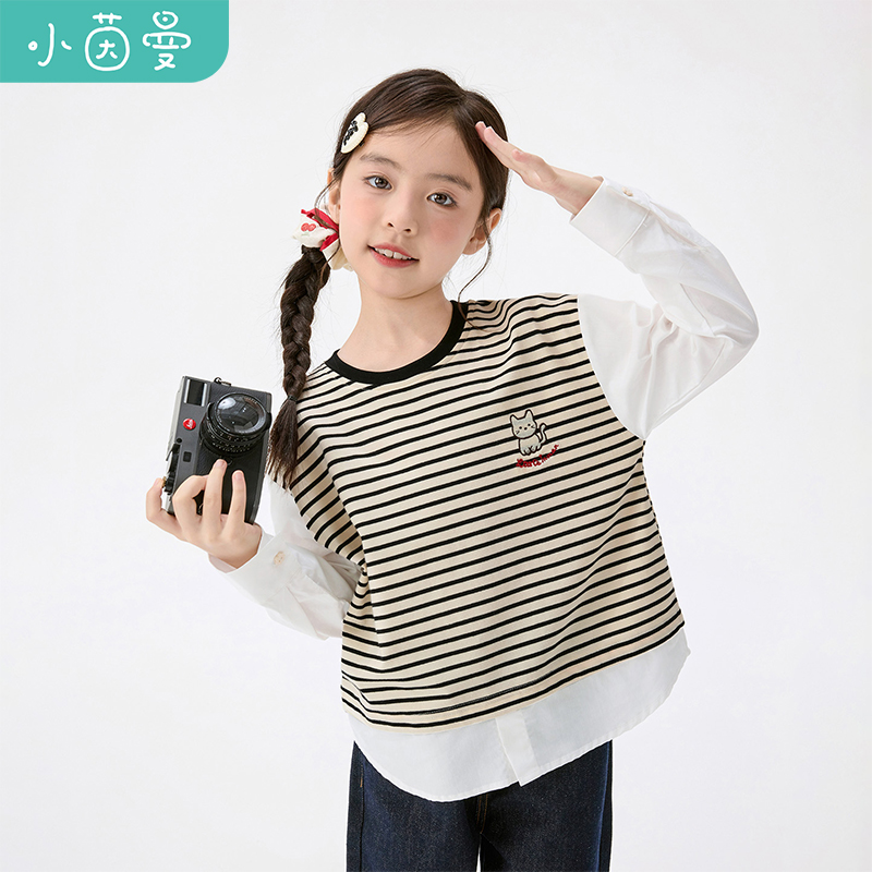 小茵曼女童卫衣假两件25春秋中大童圆领休闲上衣文艺风GF3853198