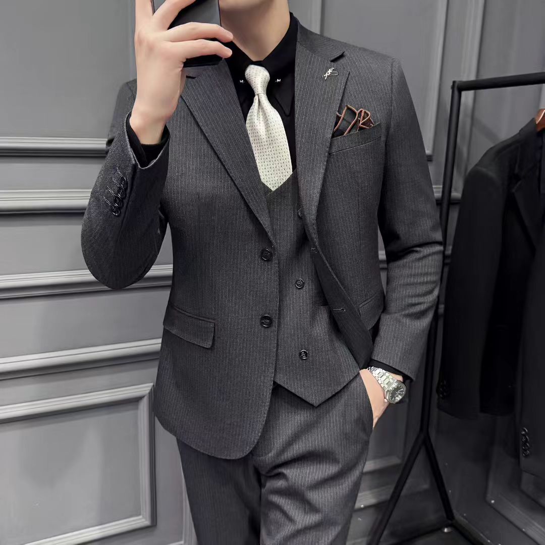 高定2025年秋季细条纹西装男套装结婚新郎礼服商务休闲职业正装