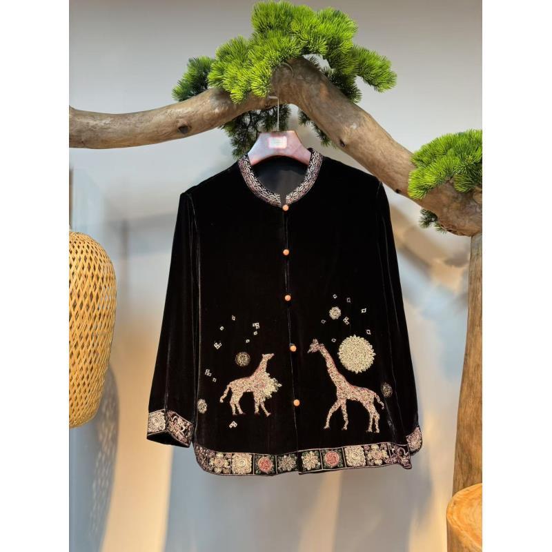 【瑞鹿呈祥】100桑蚕丝秋季新款手工刺绣新中式上衣