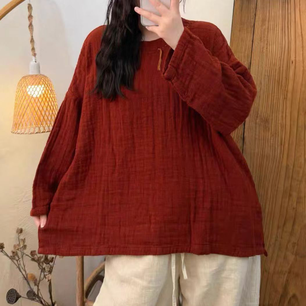 亚麻圆领明线休闲宽松文艺套头上衣(长前68后70胸围144）