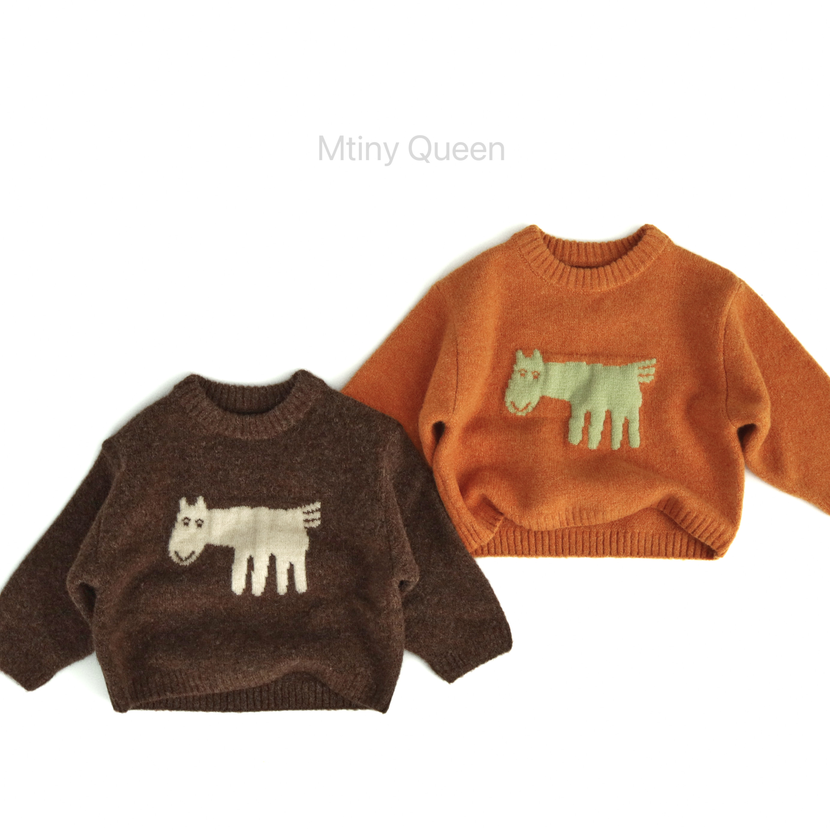 儿童撞色小马圆领毛衣设计感图案秋冬宽松套头上衣针织男童女童