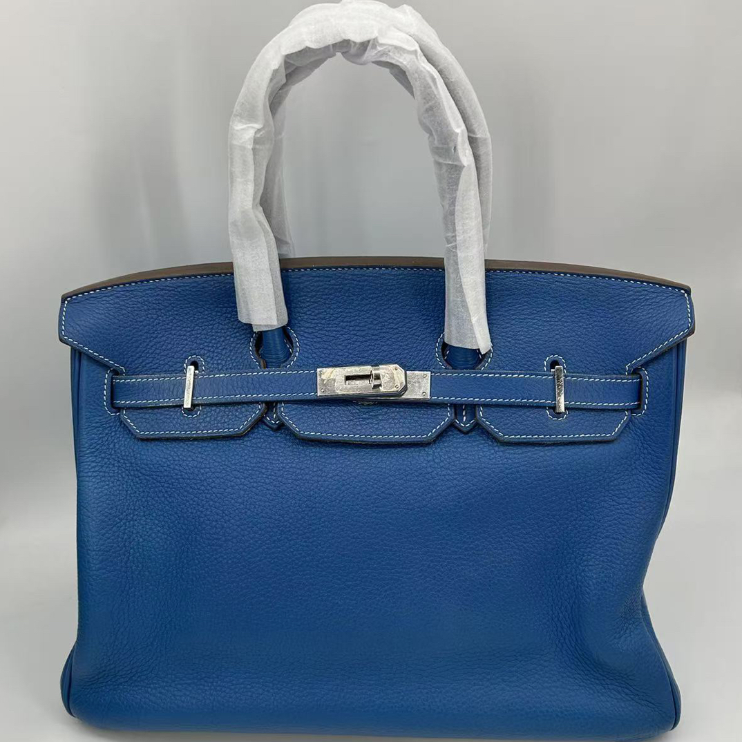 99新 Hermes/爱马仕 爱马仕BK35马赛克蓝拼奶油白O单肩包9349005