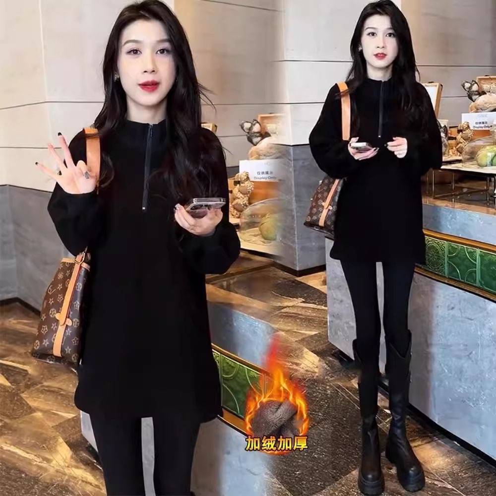 26秋冬立领拉链女套头款中长款纯色卫衣韩版宽松外穿加绒女