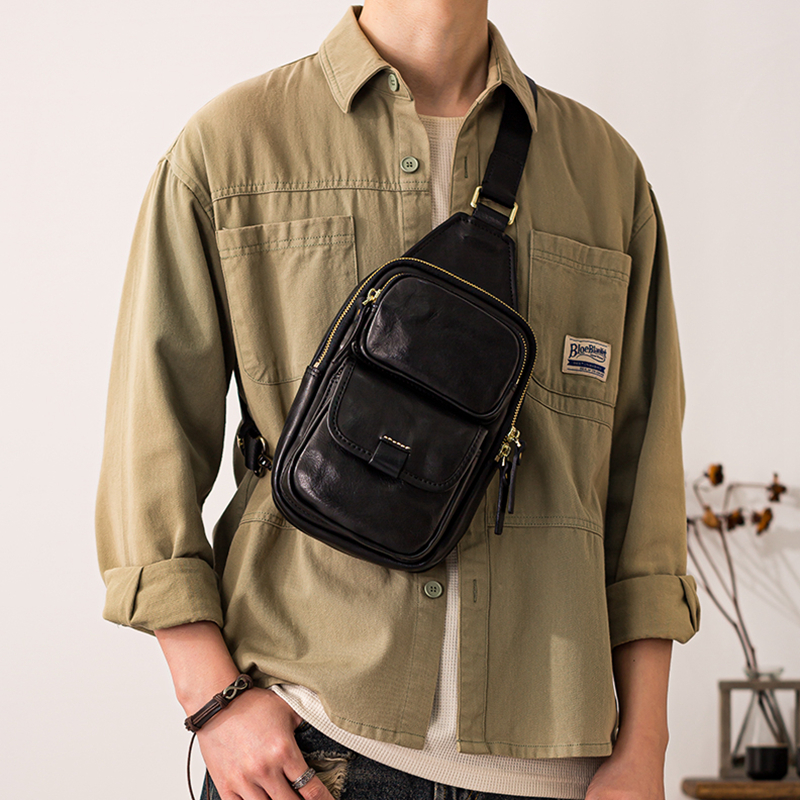 后步原创真皮胸包男植鞣牛皮休闲运动包通勤背包男士单肩斜挎包潮