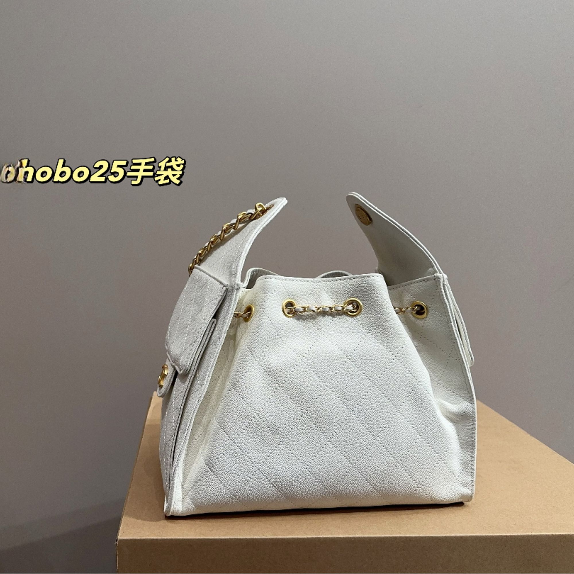 【鱼子酱25bag】25S荔枝牛皮黑金hobo双c抽绳嬉皮包单肩斜挎腋下包