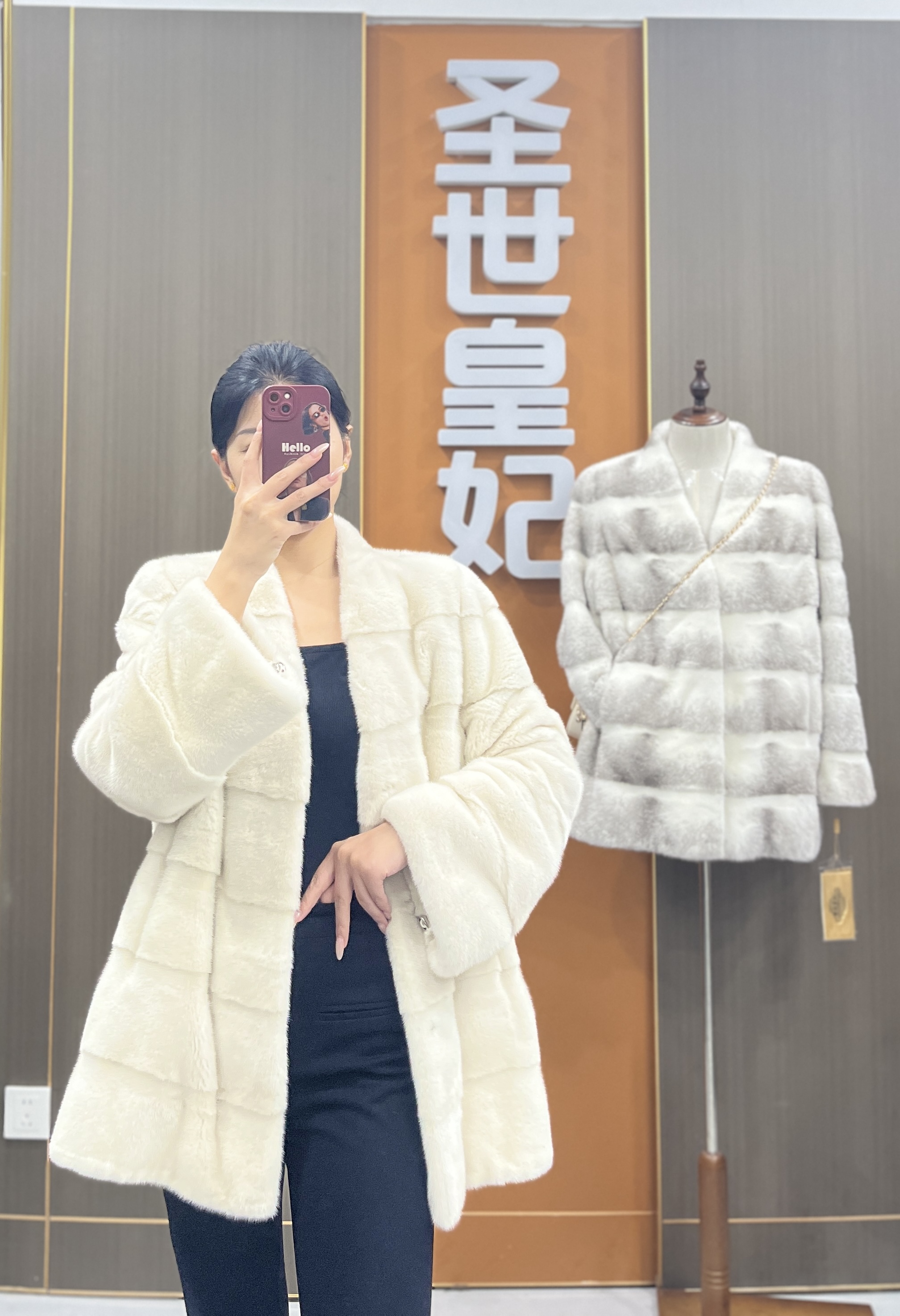 【圣世皇妃】05027 V领横排中长款气质貂皮大衣