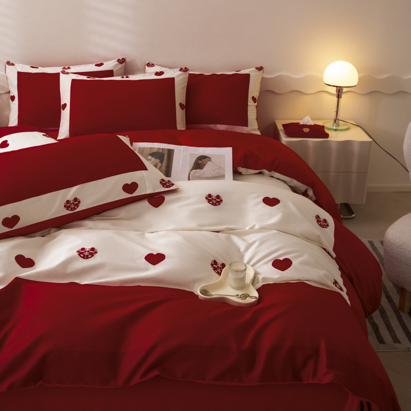 大红结婚四件套喜庆婚礼床上用品南通红加宿舍牛奶绒四件套