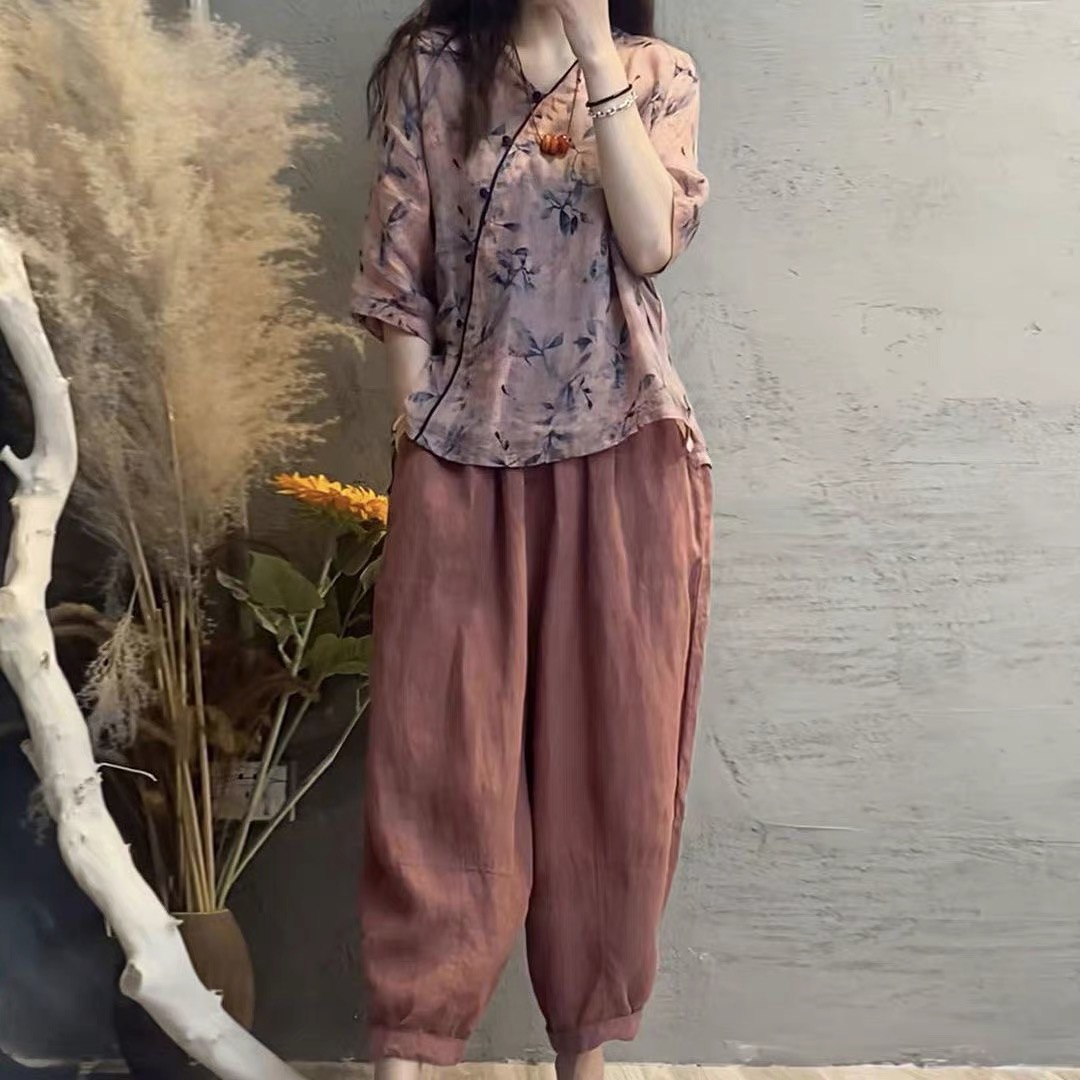 新款清新印花v领上衣遮肚上衣w112