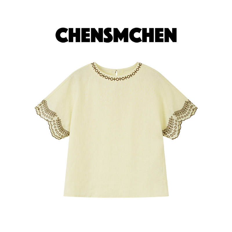 CHENSMCHEN 100%亚麻圆领简约精致刺绣女夏衬衫时尚衬衣CSC5511TT