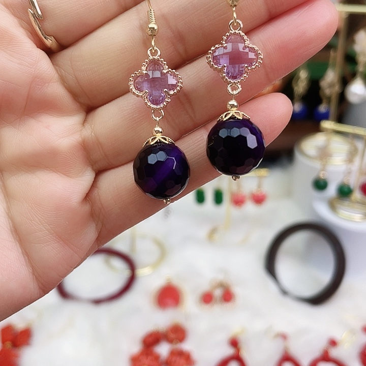 玛瑙/玉髓耳钉合金紫玛瑙刻面