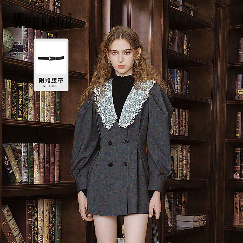 卓雅周末25春季新款气质V领蕾丝花边X收腰西装连衣裙外套R200514A