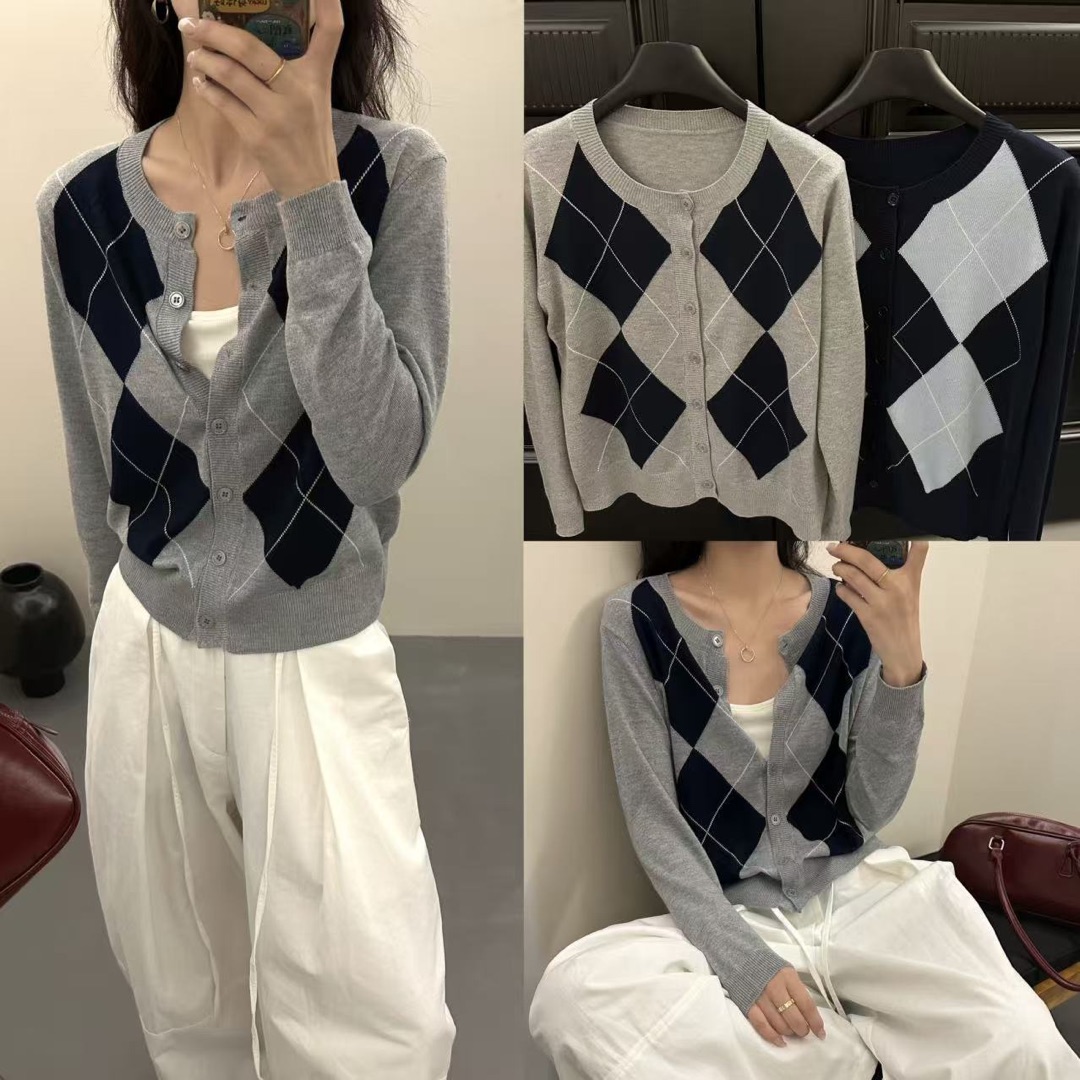 细羊毛菱格开衫针织衫MYT-8480