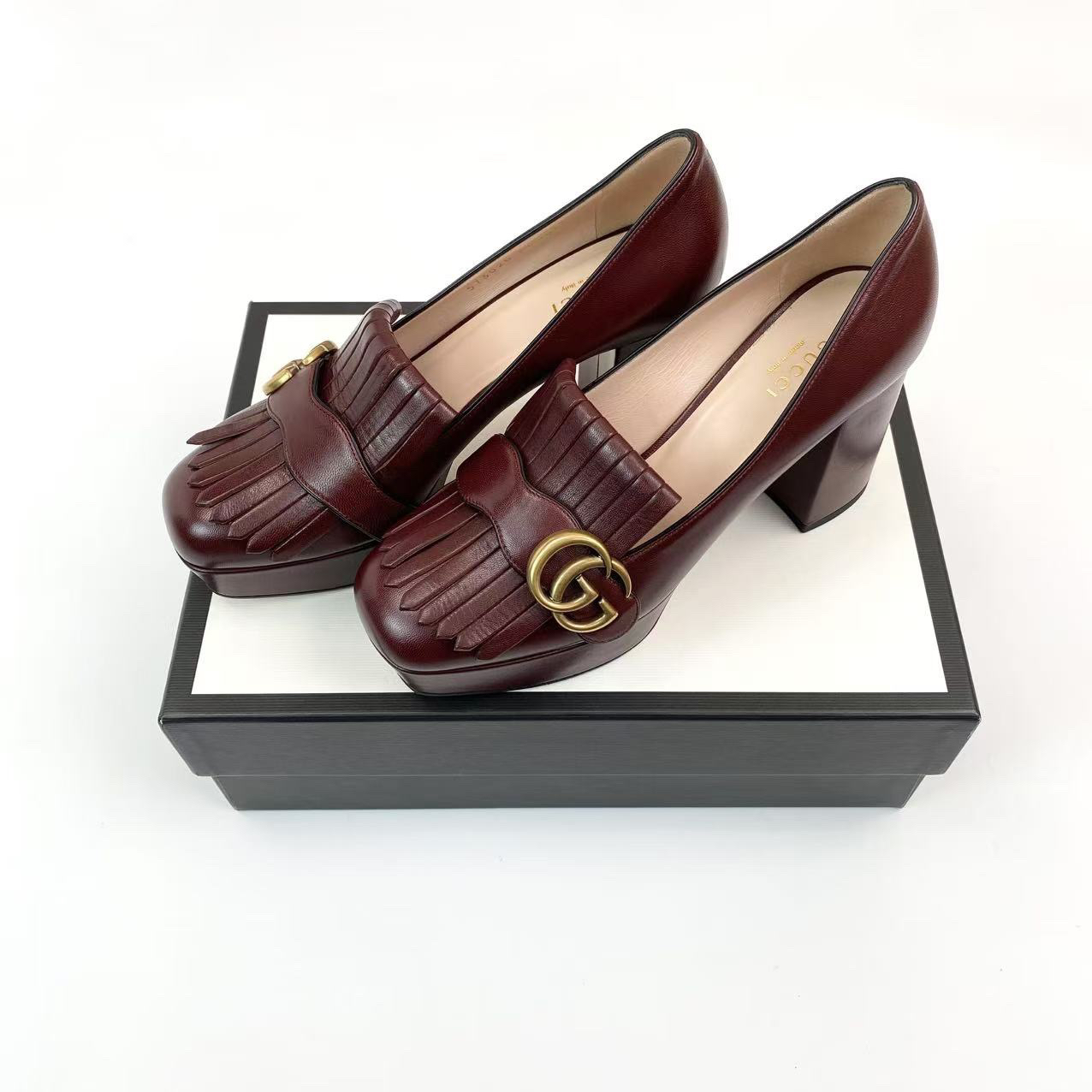 全新未使用 GUCCI/古驰  AA2889 双g麂皮粗跟高跟鞋 37码