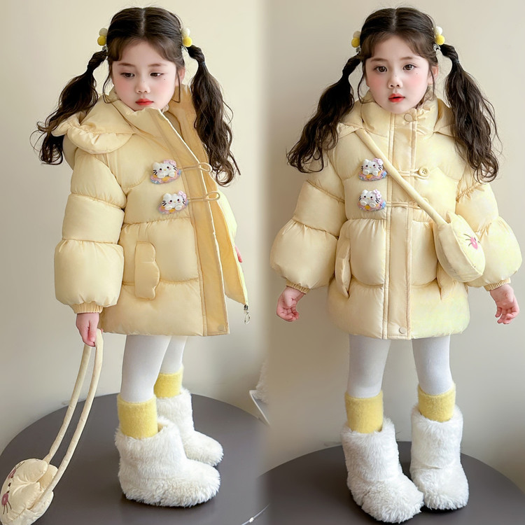 儿童纯色卡通韩版棉服棉袄洋气宝宝连帽保暖中长童装棉衣冬季