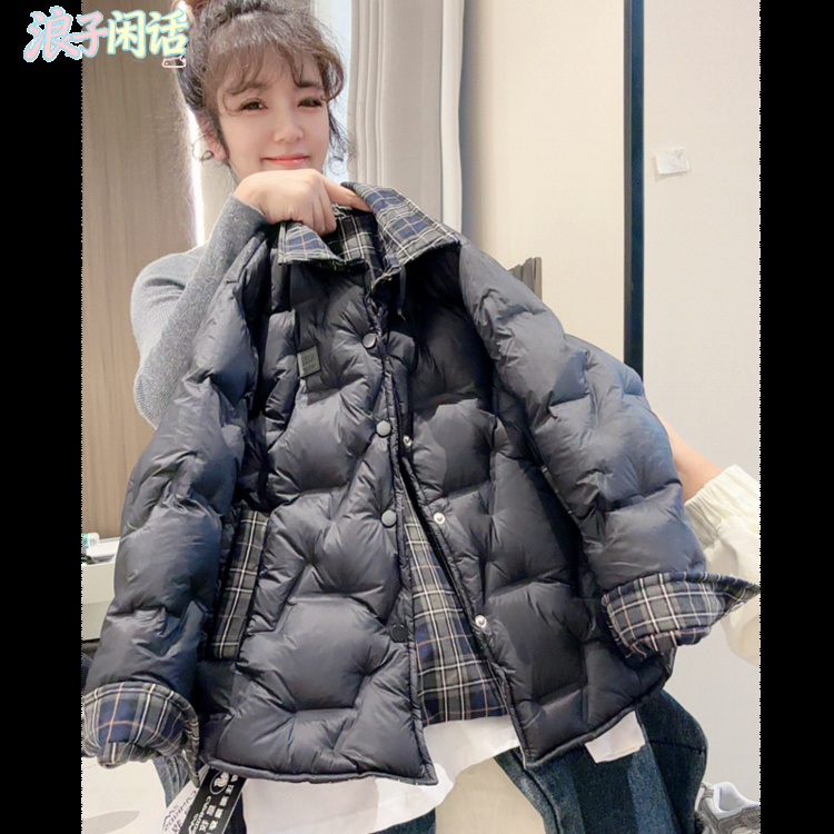 新款冬季藏青格子棉服男女童保暖外套时尚百搭冬装加厚儿童秋冬