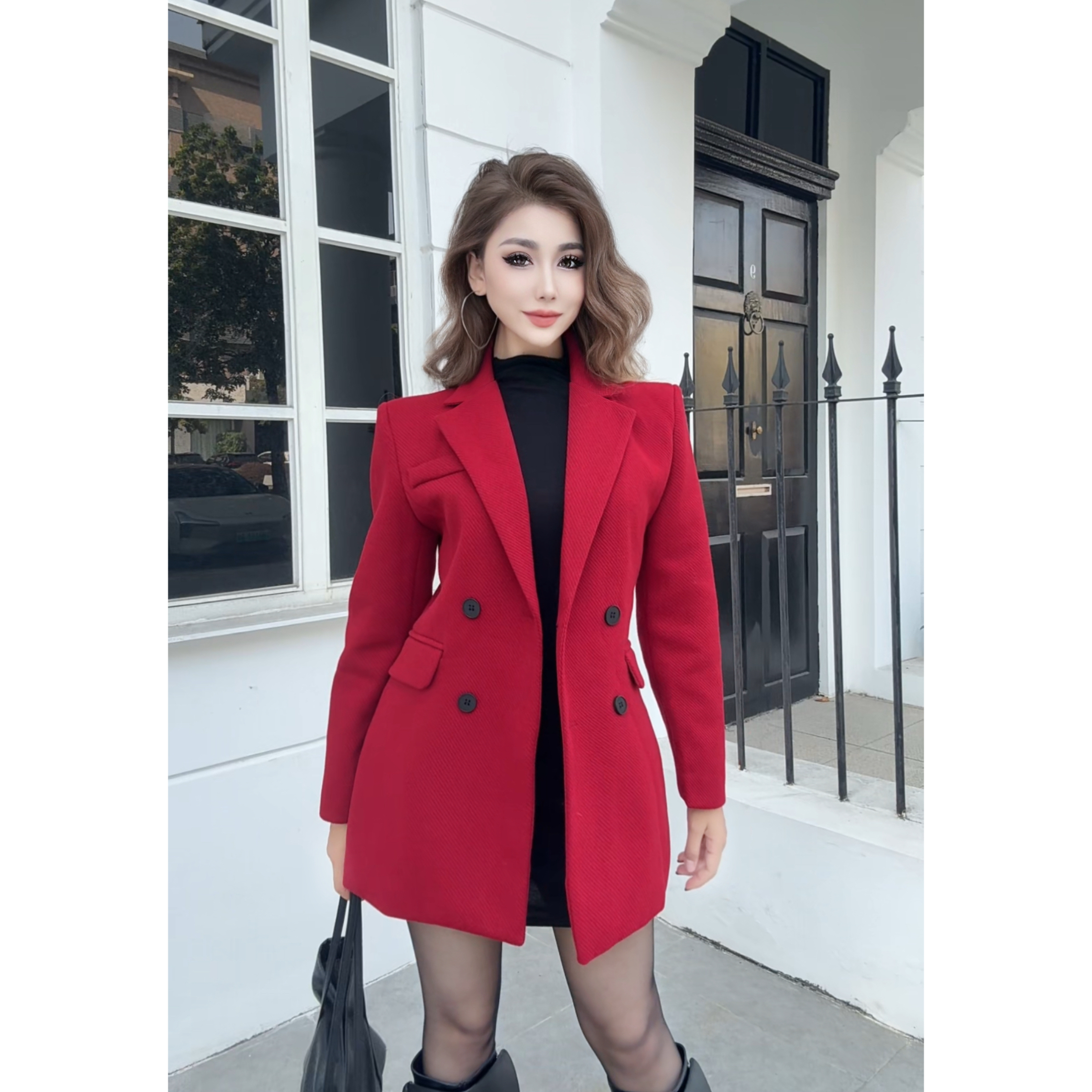 古丽服装店新款加棉双排扣收腰短款毛呢大衣