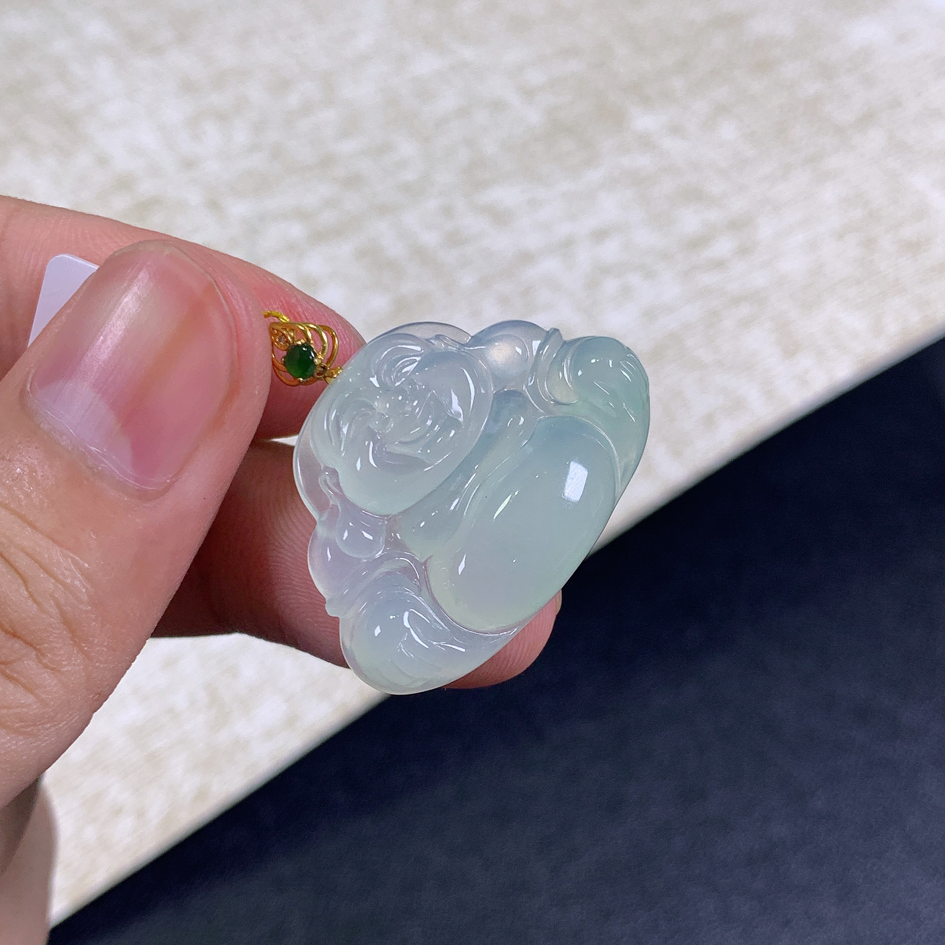 缅甸天然A货翡翠18k金镶嵌冰种起胶佛公吊坠27.8x31.5x5.3