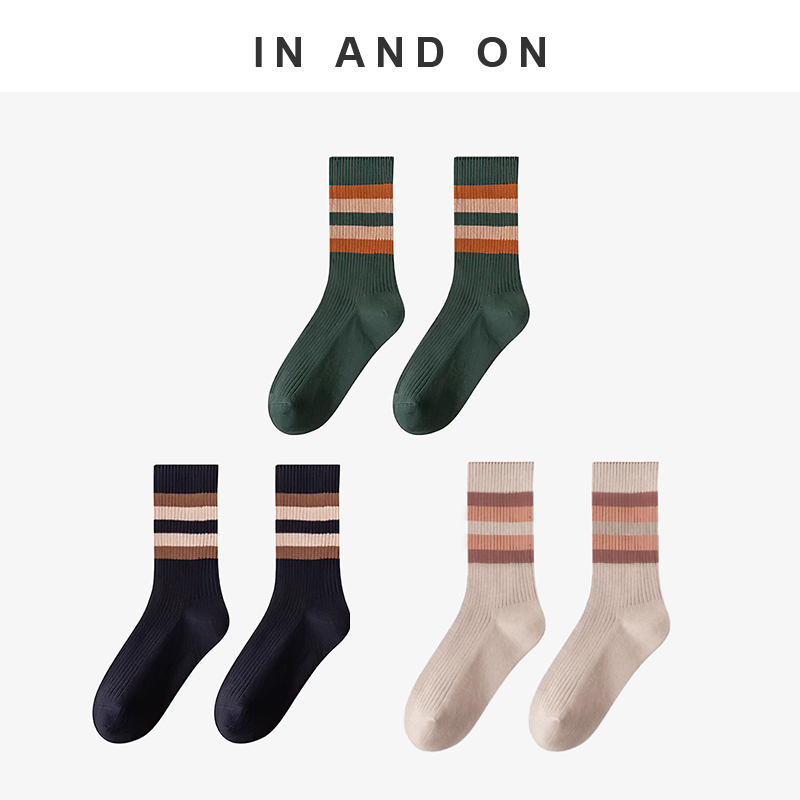 INANDON 绵羊毛加厚保暖撞色条纹堆堆袜 55041