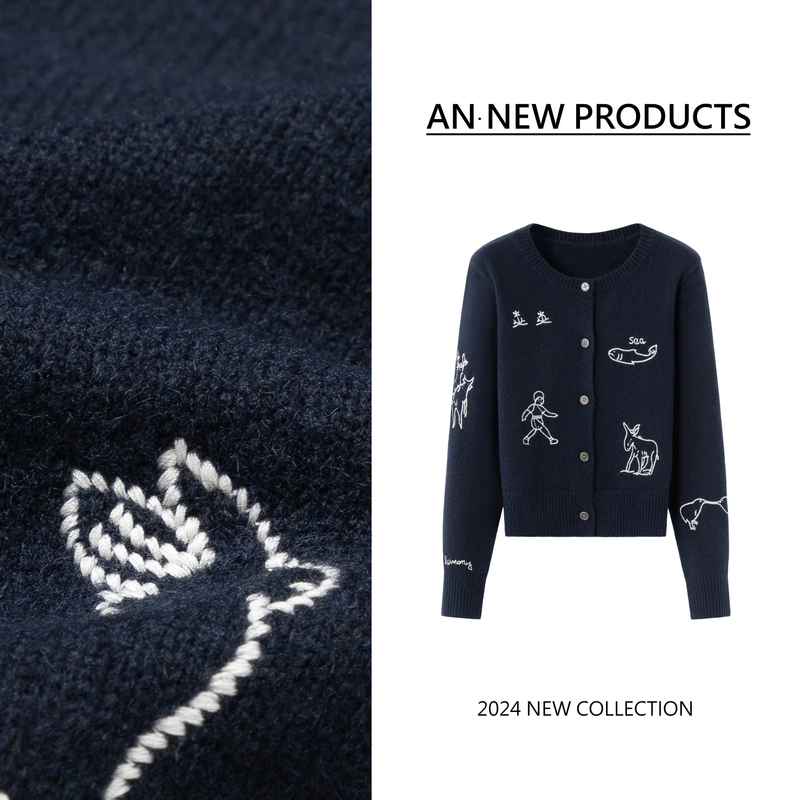 B12023冬季新款时尚慵懒百搭卡通图案毛衣开衫外套