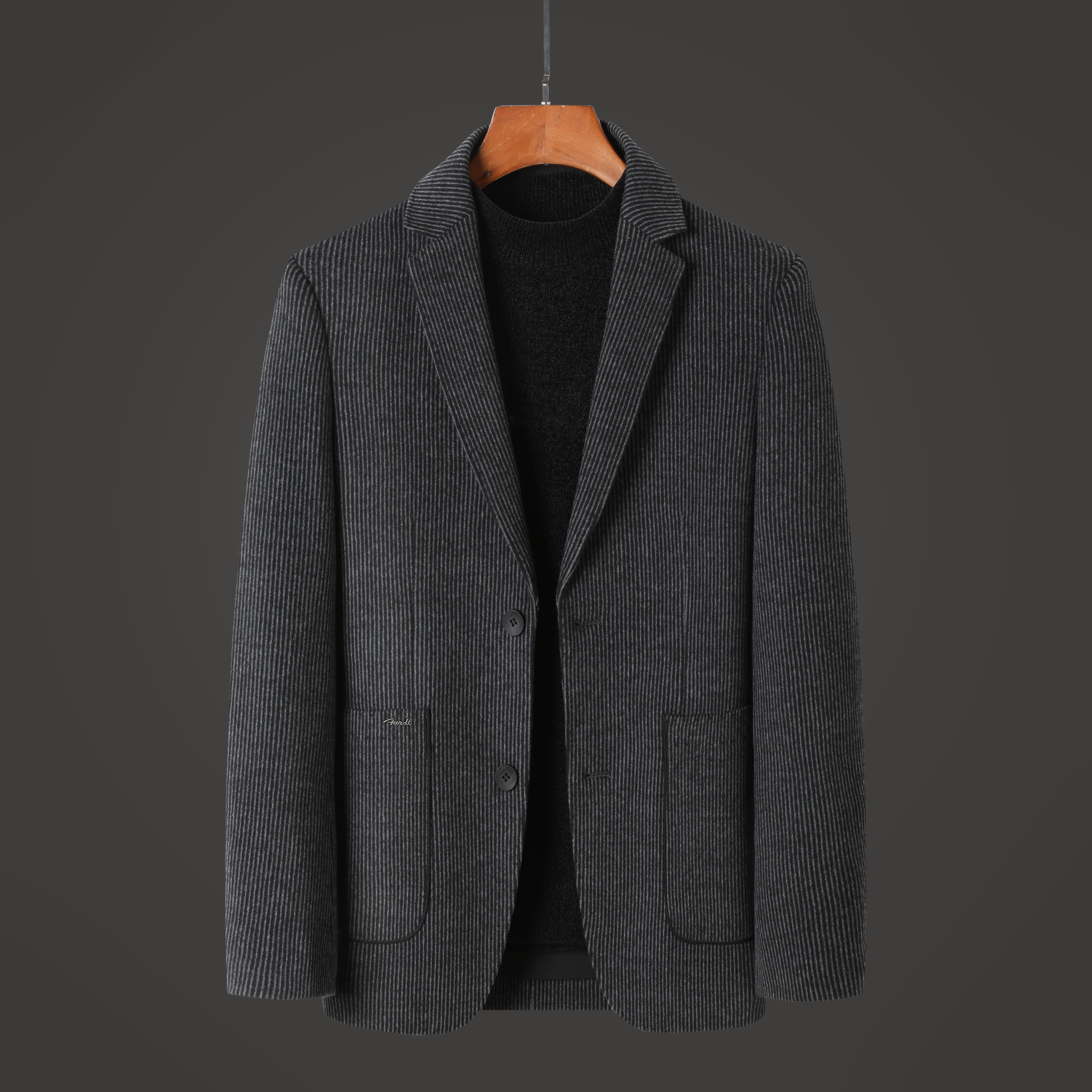 男士商务休闲条纹平驳领棉羊毛加棉西服外套/2318