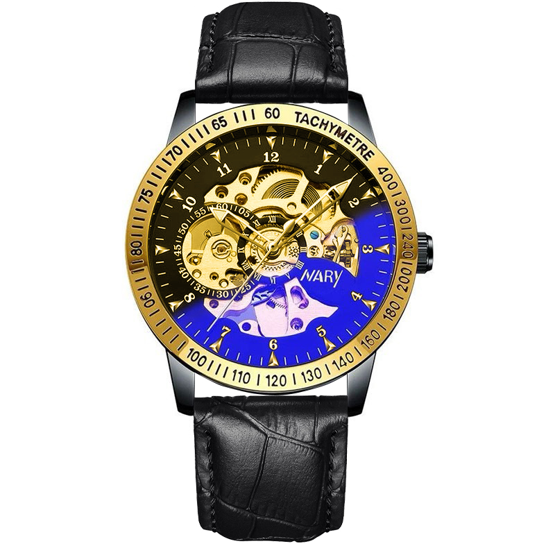 耐瑞炫蓝幻影系列双面镂空自动机械表 潮流黑皮带金壳男士手表XJ