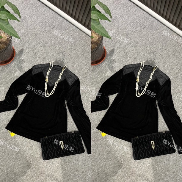 【張Yu】拼接蕾丝半高领长袖修身打底衫时尚百搭洋气上衣