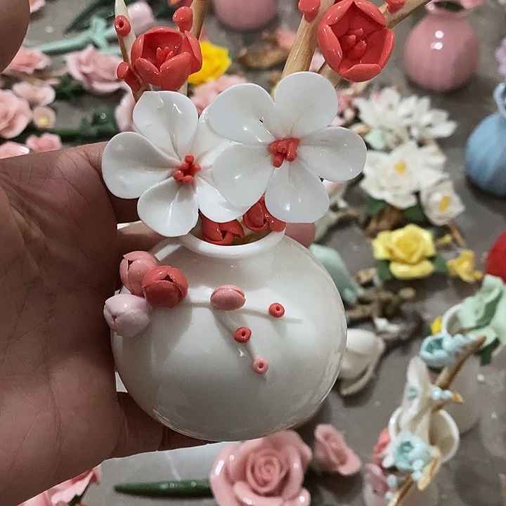 瓷片纯手工陶瓷花摆件瑕