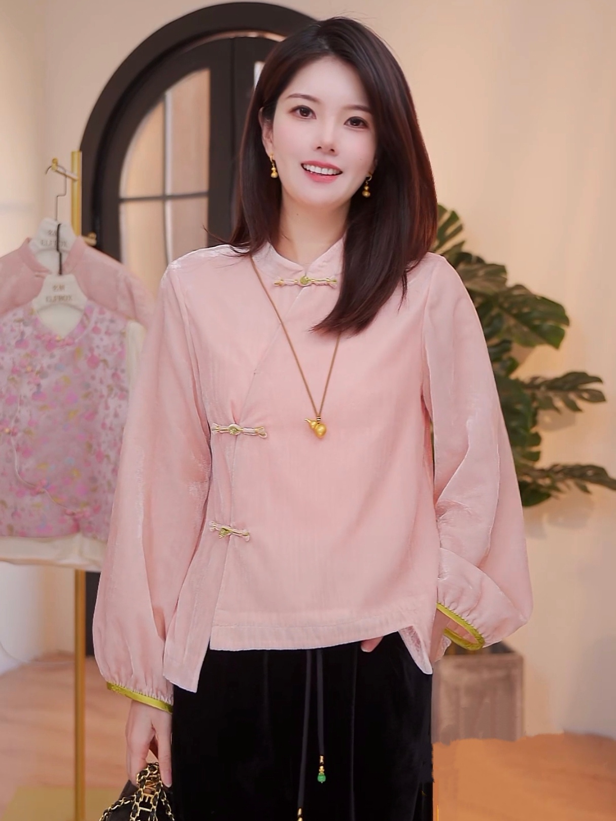 《珊珊定制》《珊瑚》冬季新中式国风时尚显瘦气质丝绒内搭衬衫6847