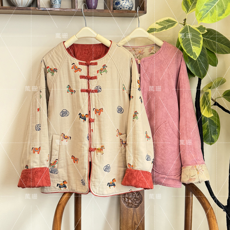 【彩马纳福】国风双面穿冬季设计复古盘扣提花棉质棉衣棉服52708