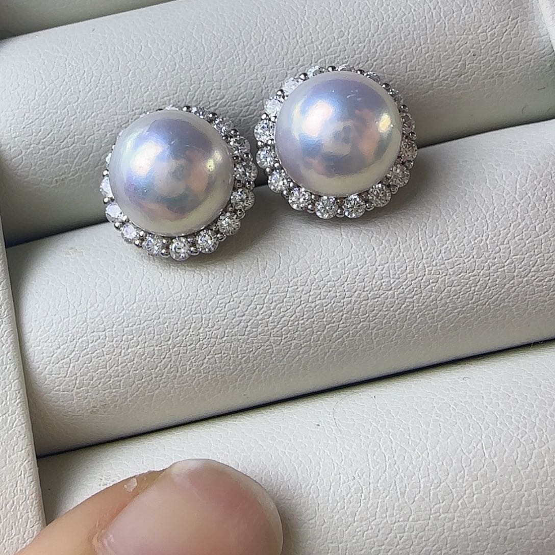 耳饰银S925镶嵌淡水珍珠10～11耳钉