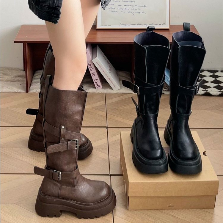 美拉德不过膝靴子女款气质超火复古百搭皮带扣长筒靴 TXB20