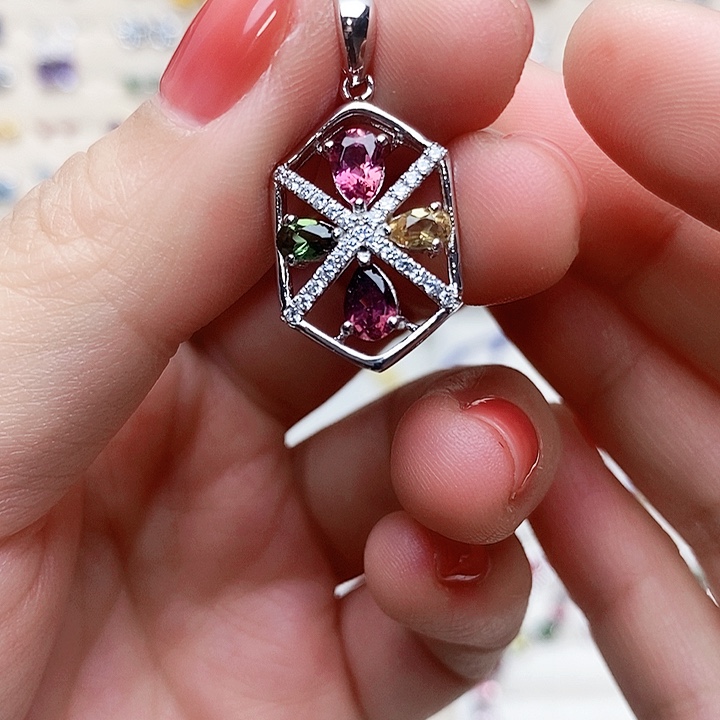 碧玺吊坠(不含链)银S925镶嵌吊坠