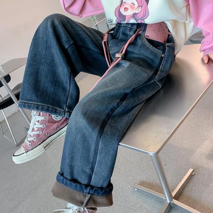 女童加绒牛仔裤冬装2025新款女大童一体绒窄版阔腿裤儿童加厚长裤