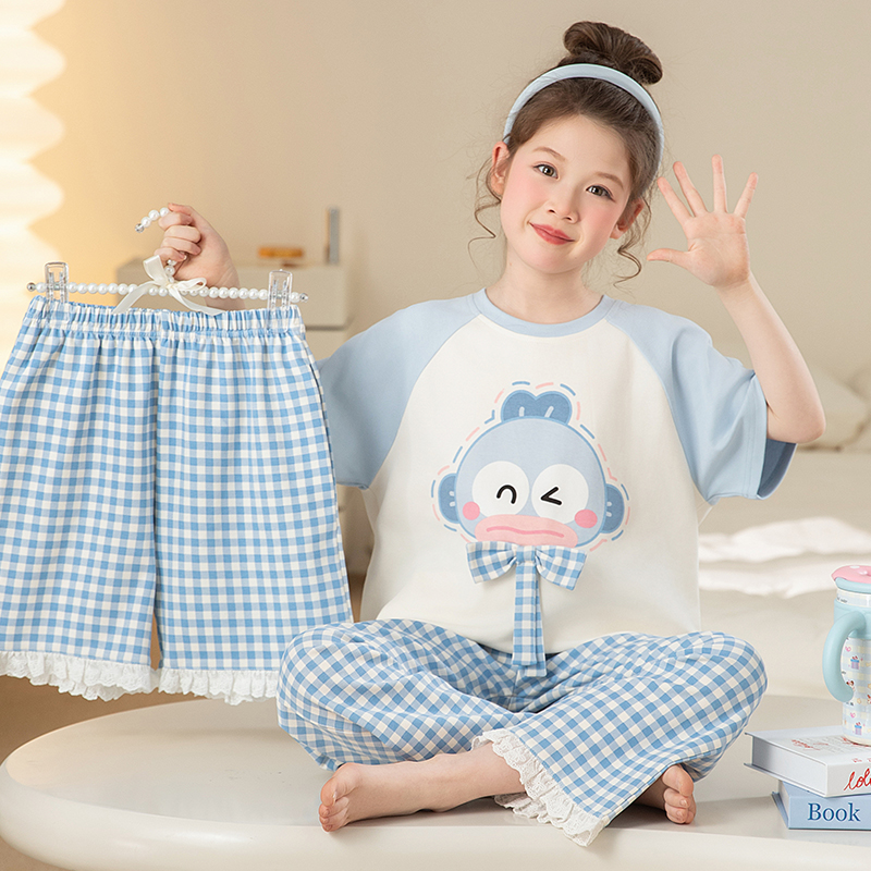 bejirog/北极绒洋气女童夏季短袖纯棉睡衣中大童休闲可外穿三件套