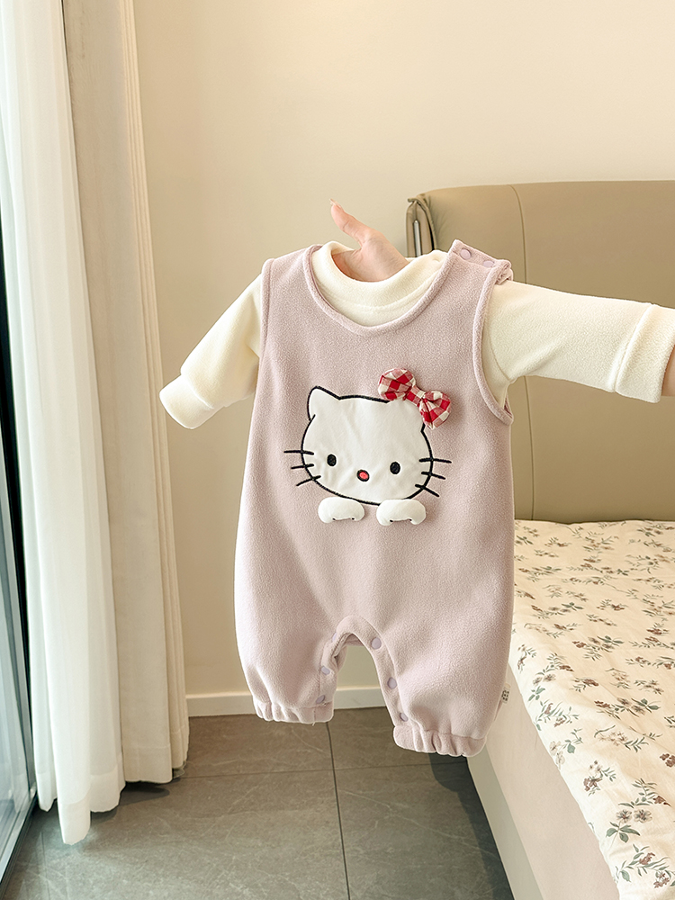 婴幼儿秋冬洋气套装可爱猫咪男女宝宝背带裤二件套加绒保暖衣服