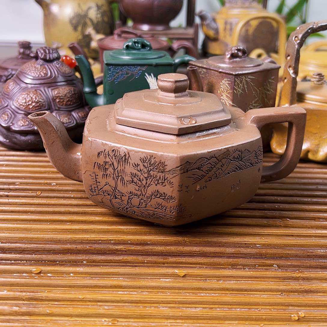 紫砂茶壶六方血华紫泥300cc